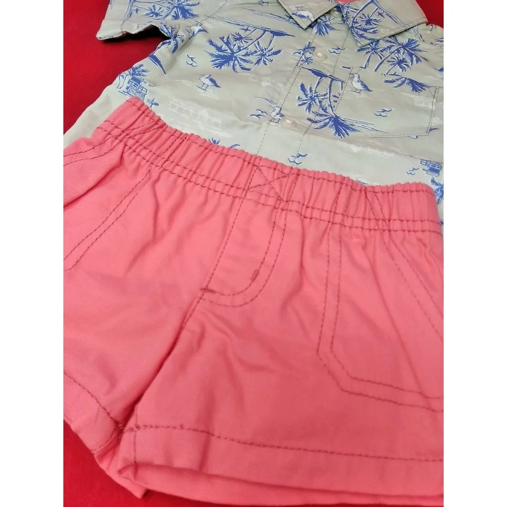 Carter's Boy's 2-Piece Shorts Shirt Set Palm Trees Size 3 Months Pink Green NEW